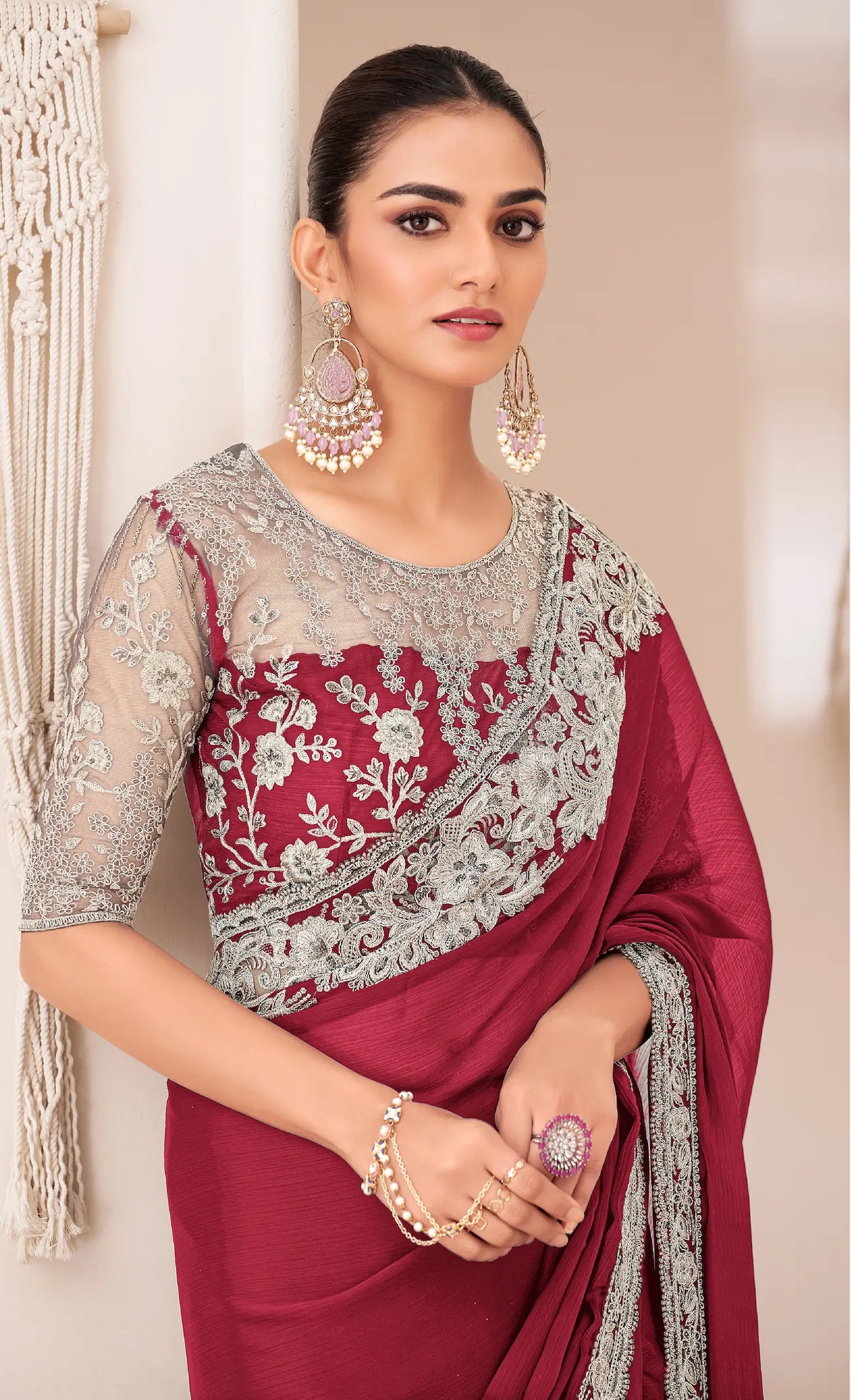 Red Georgette Chiffon Party Wear Saree With Sequence & Thread Embroidery Work