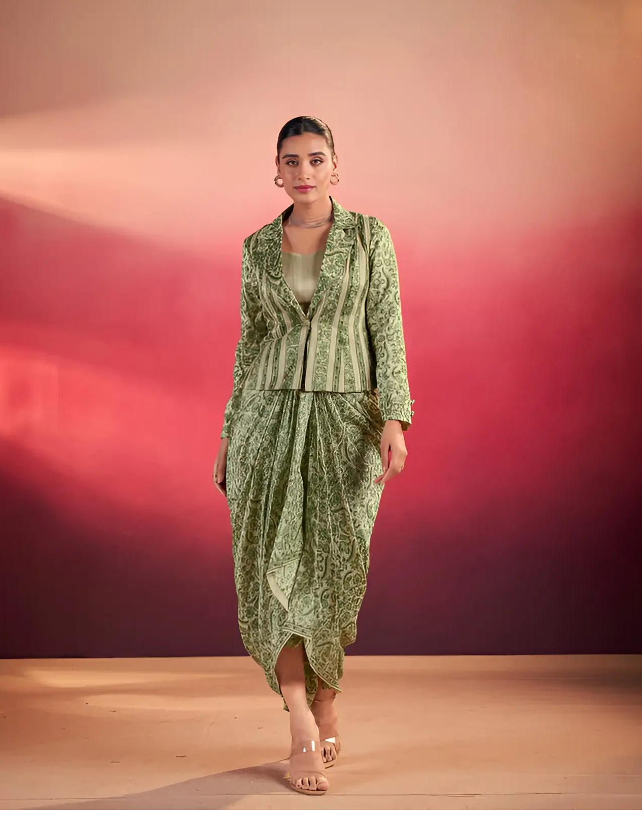 Green Tasar Silk Stylish Indo-Western