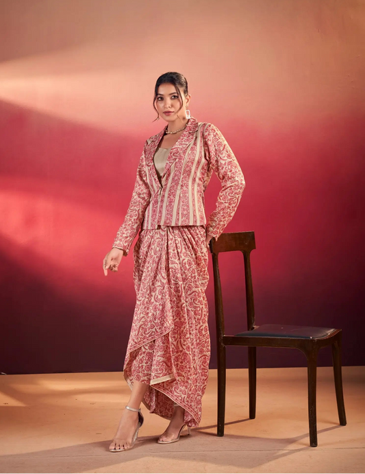 Peach Tasar Silk Stylish Indo-Western