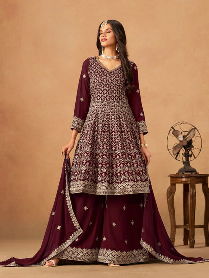 Maroon Georgette Embroidery Work Palazzo Set