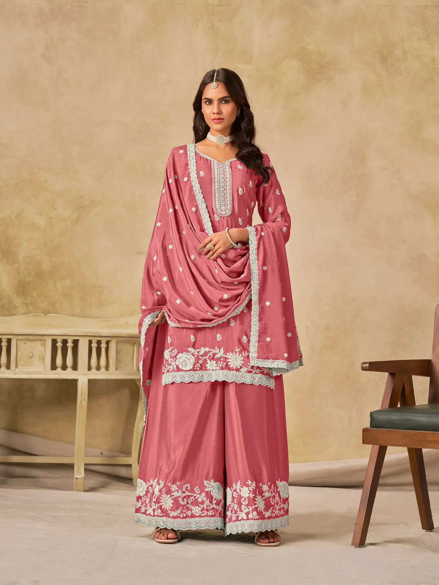 Peach Pink Chinon Embroidery Work Palazzo Suit