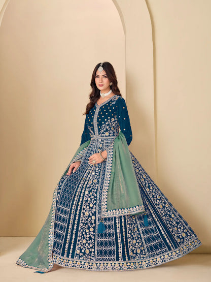 Teal Blue Velvet Heavy Embroidered Gown