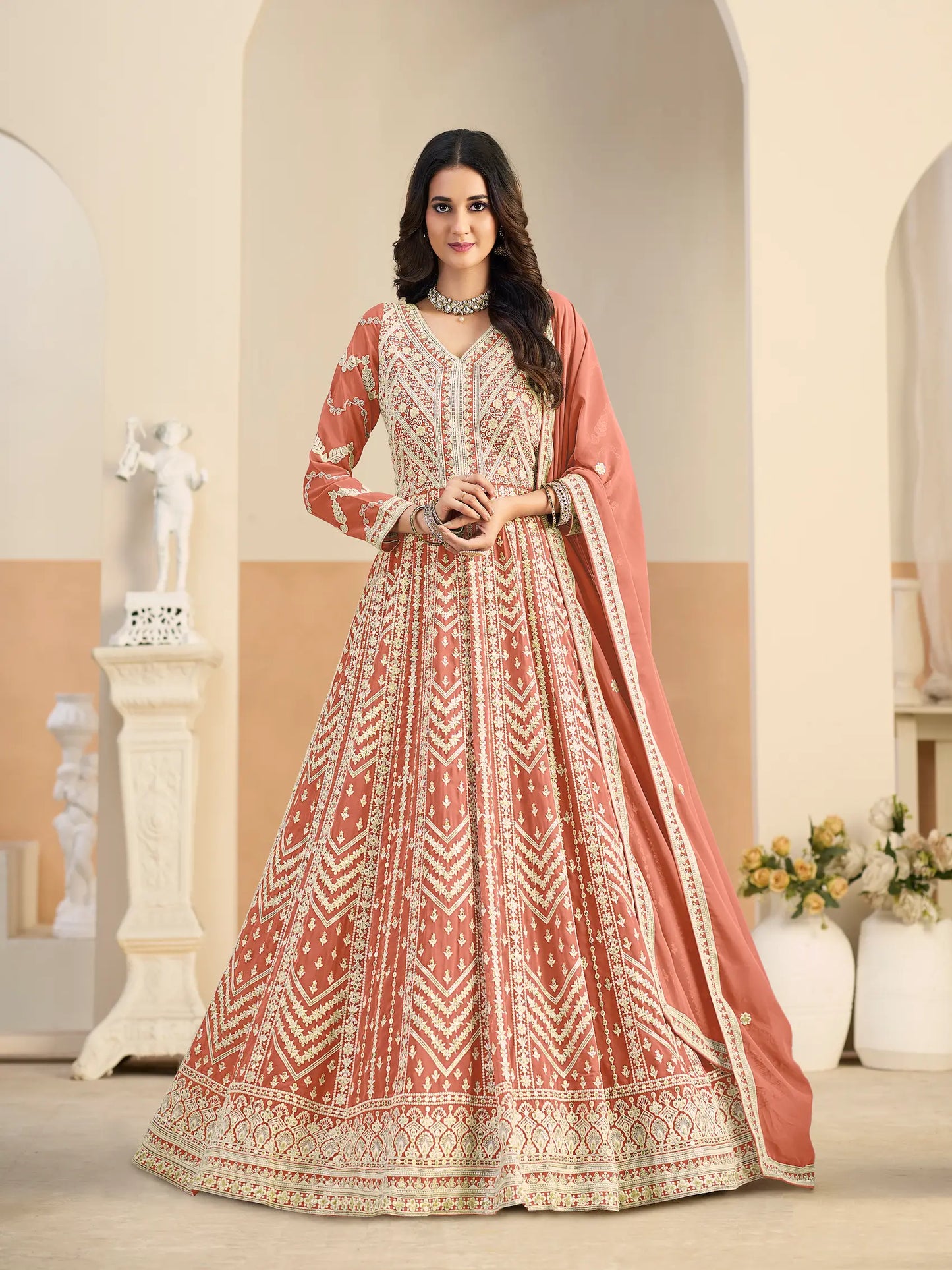 Peachy Orange Georgette Embroidery Gown