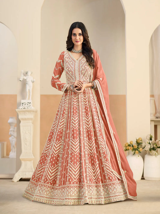 Peachy Orange Georgette Embroidery Gown