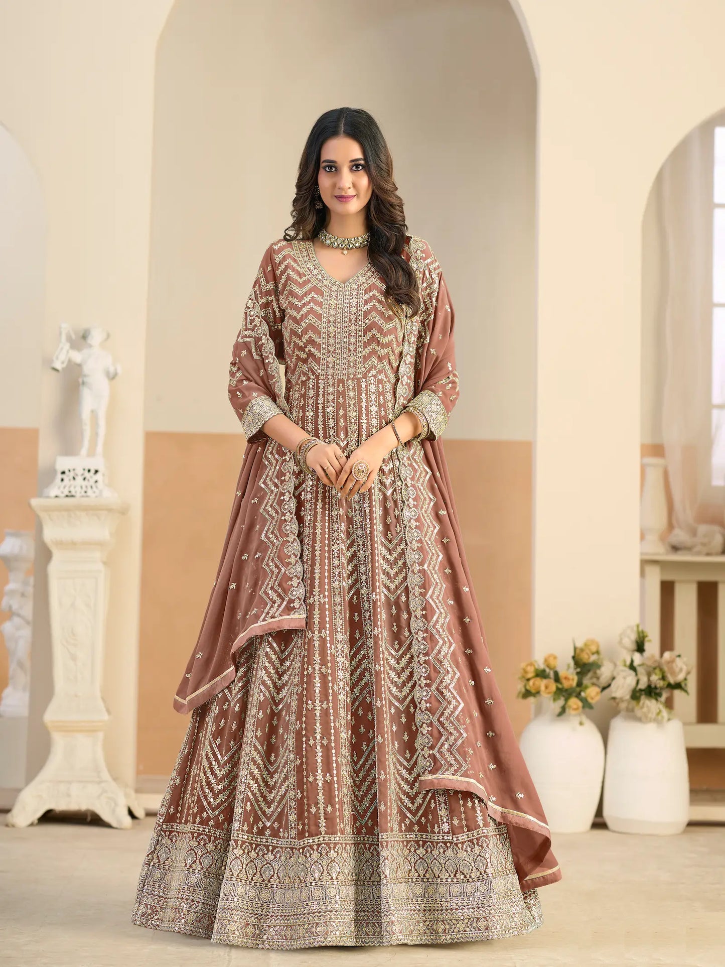 Rust Brown Georgette Embroidery Gown