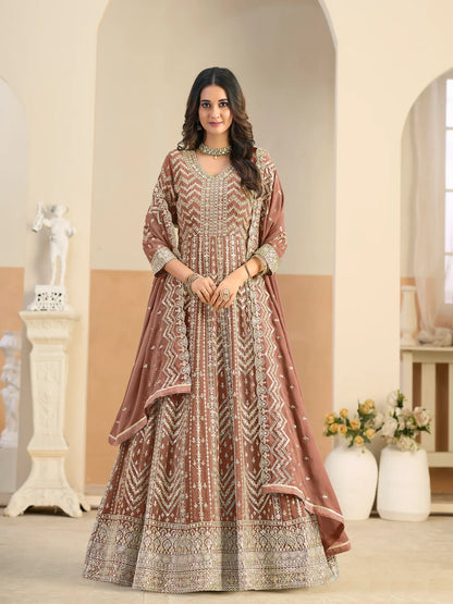 Rust Brown Georgette Embroidery Gown