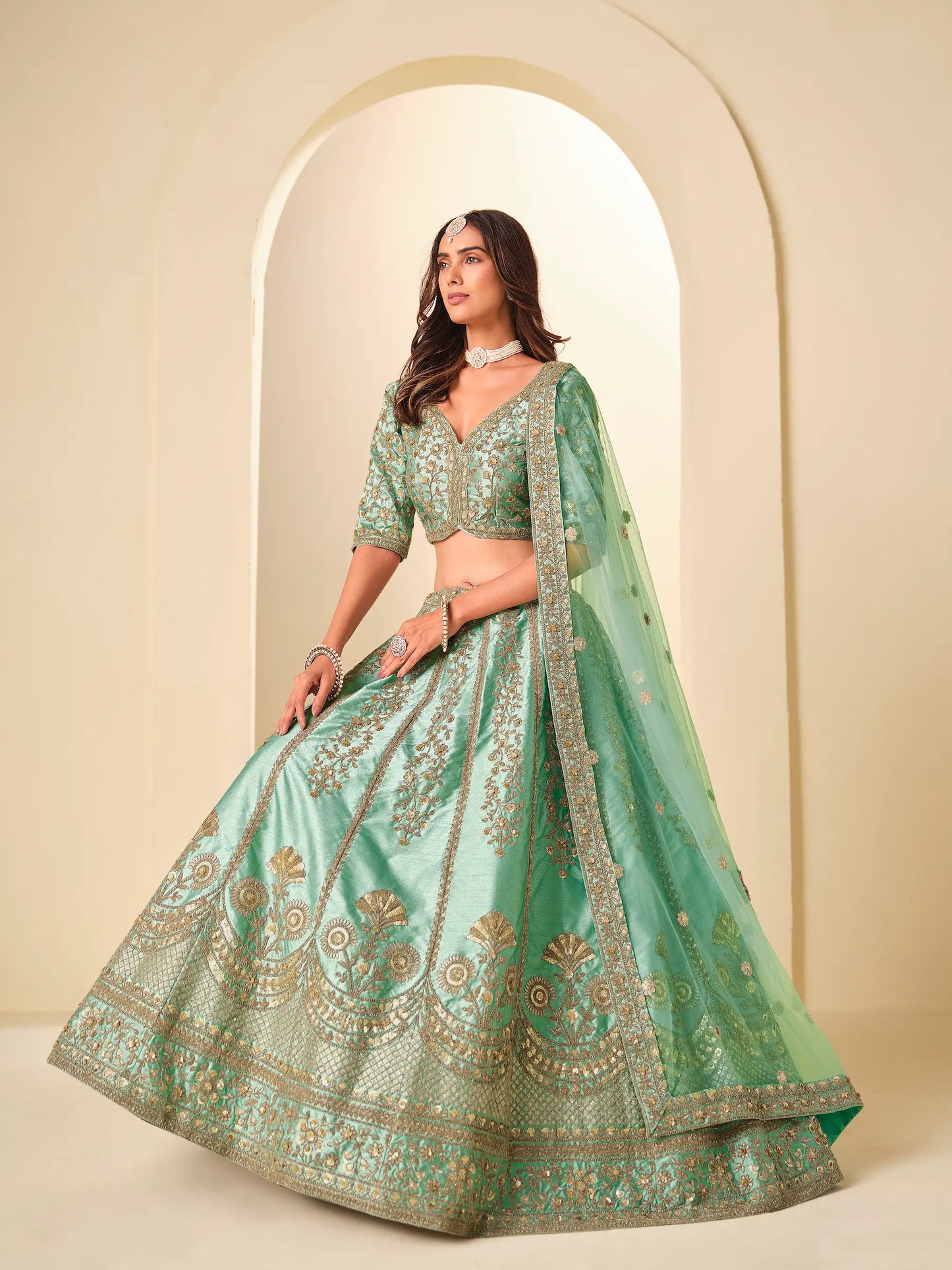 Sea Green Art Silk Embroidered Lehenga Choli