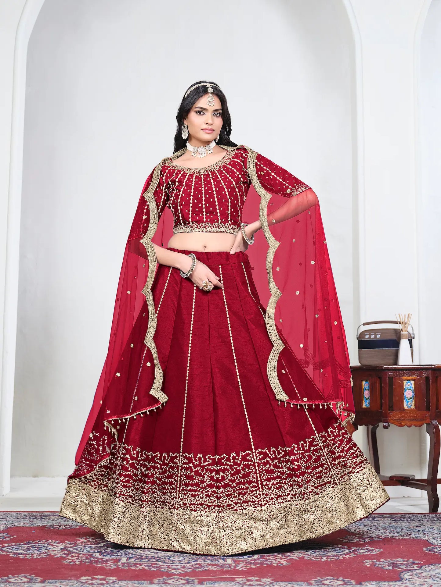 Rose Red Art Silk Embroidery Lehenga Choli