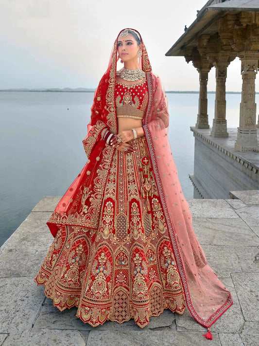 Red Designer Bridal Lehenga With Heavy Embroidery & 2 Dupatta