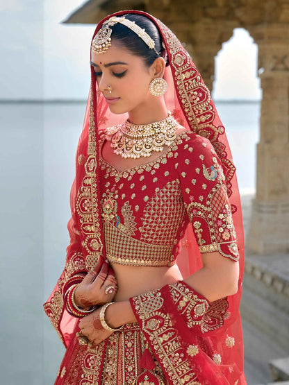 Red Designer Bridal Lehenga With Heavy Embroidery & 2 Dupatta