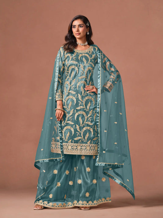 Teal Blue Embroidered Salwar Suit