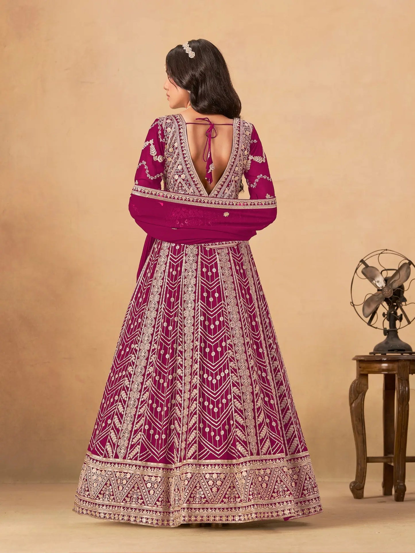 Dark Fuchsia Georgette Embroidery Work Gown