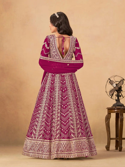 Dark Fuchsia Georgette Embroidery Work Gown