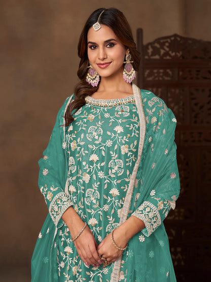 Dusty Teal Net Embroidery Palazzo Suit