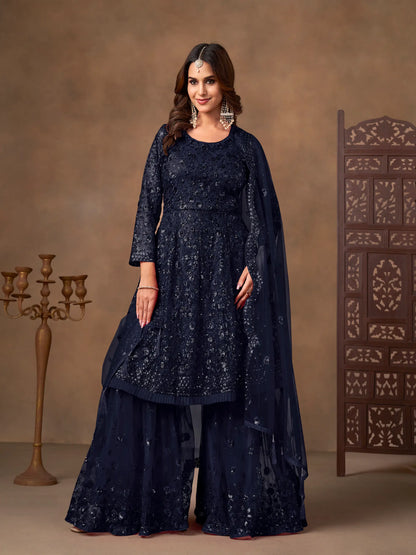 Navy Blue Net Embroidery Work Sharara Set