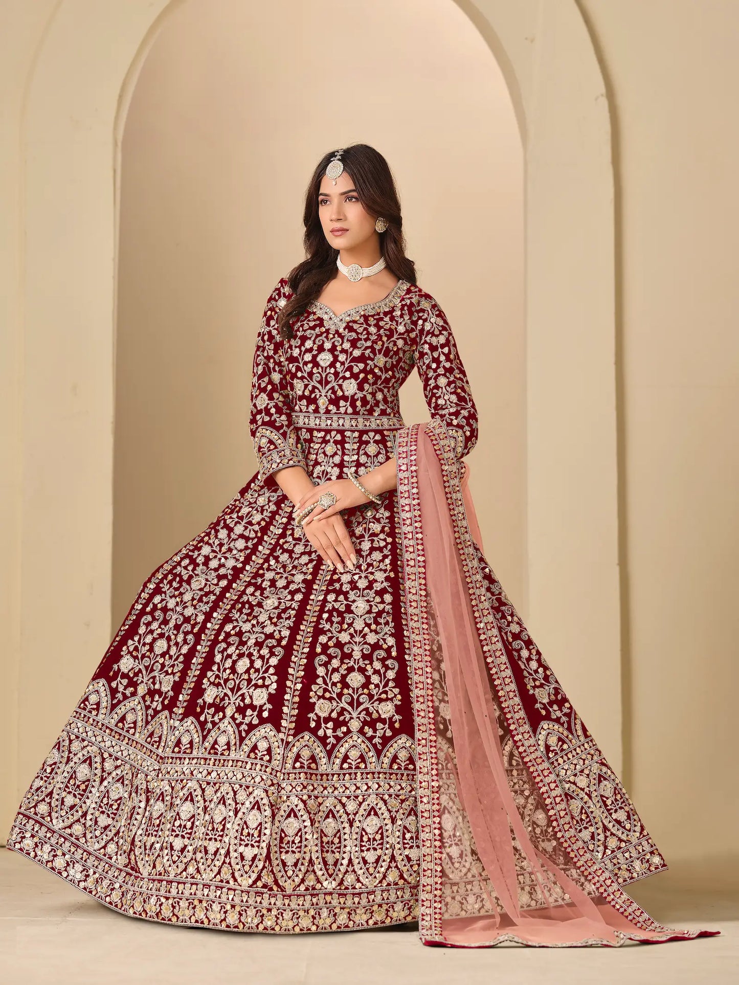 Maroon Velvet Heavy Embroidered Gown