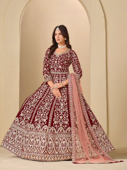 Maroon Velvet Heavy Embroidered Gown