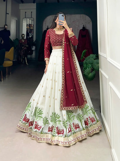 White Georgette Sequins and Thread Embroidery Work Lehenga Choli