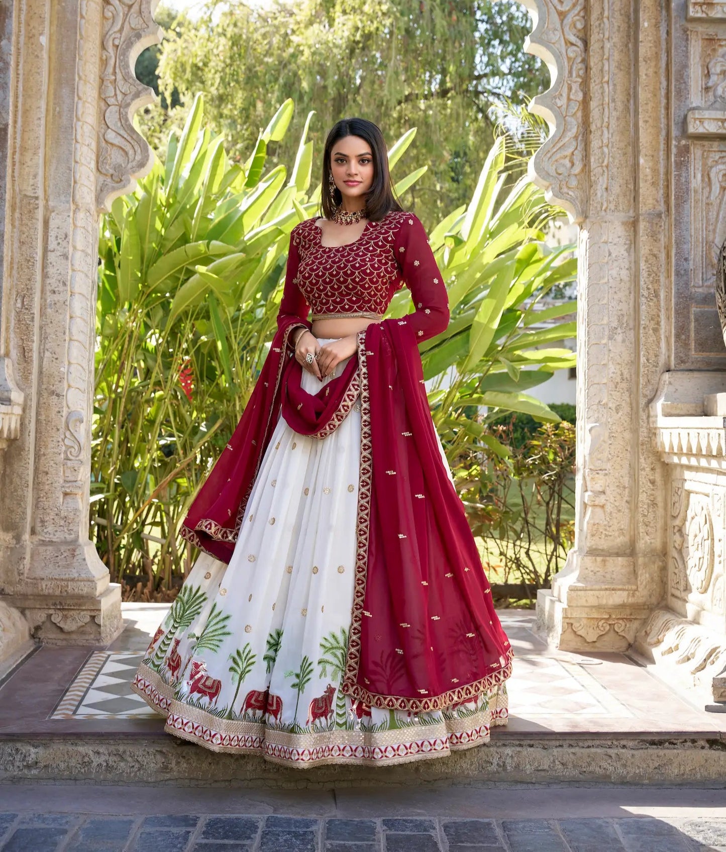 White Georgette Sequins and Thread Embroidery Work Lehenga Choli