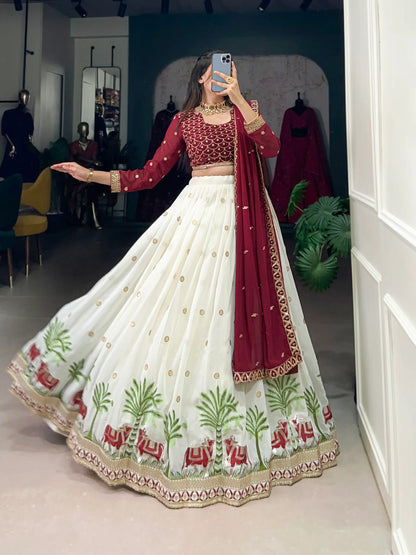 White Georgette Sequins and Thread Embroidery Work Lehenga Choli