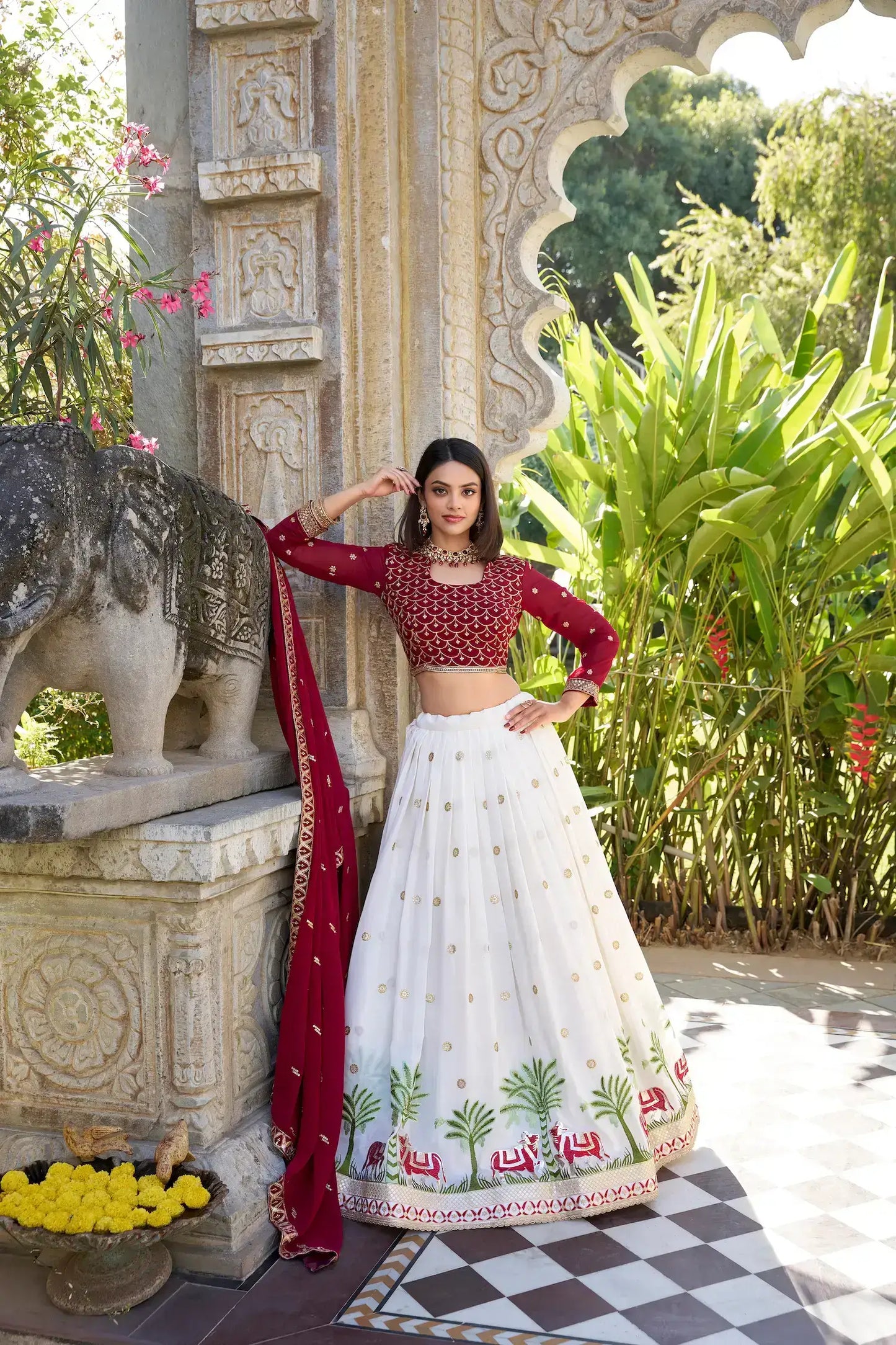 White Georgette Sequins and Thread Embroidery Work Lehenga Choli