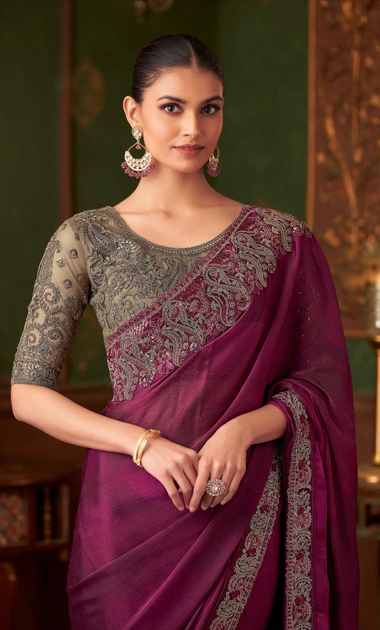 Wine Red Shaded Silk Chiffon Party Wear Saree With Thread & Sequence Embroidery Work
