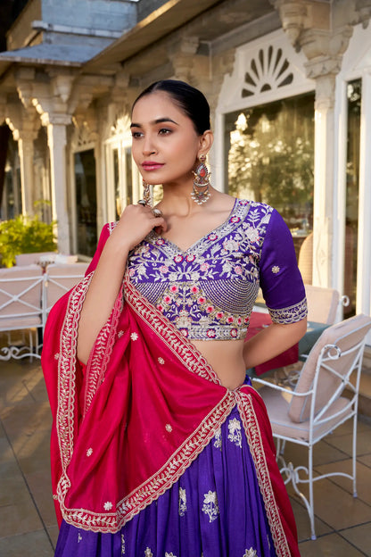 Purple Vichitra Silk Lehenga Choli With Sequins & Thread Embroidery Work