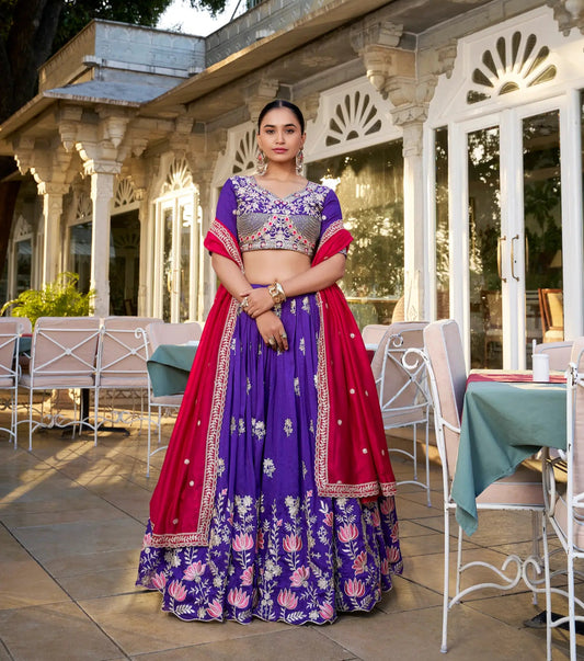 Purple Vichitra Silk Lehenga Choli With Sequins & Thread Embroidery Work