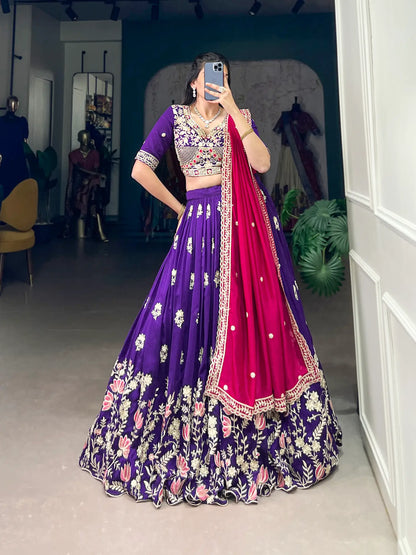 Purple Vichitra Silk Lehenga Choli With Sequins & Thread Embroidery Work