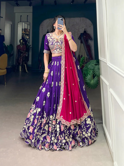 Purple Vichitra Silk Lehenga Choli With Sequins & Thread Embroidery Work