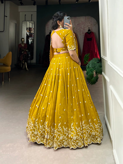 Yellow Vichitra Silk Lehenga Choli With Sequins & Thread Embroidery Work