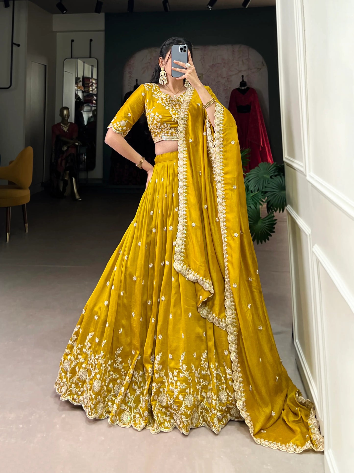 Yellow Vichitra Silk Lehenga Choli With Sequins & Thread Embroidery Work