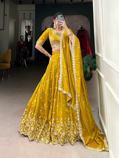 Yellow Vichitra Silk Lehenga Choli With Sequins & Thread Embroidery Work