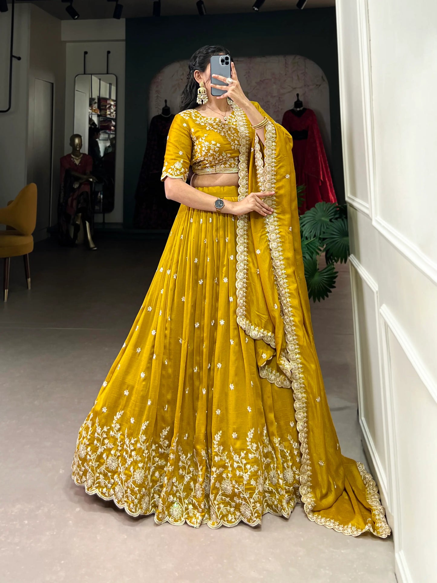 Yellow Vichitra Silk Lehenga Choli With Sequins & Thread Embroidery Work