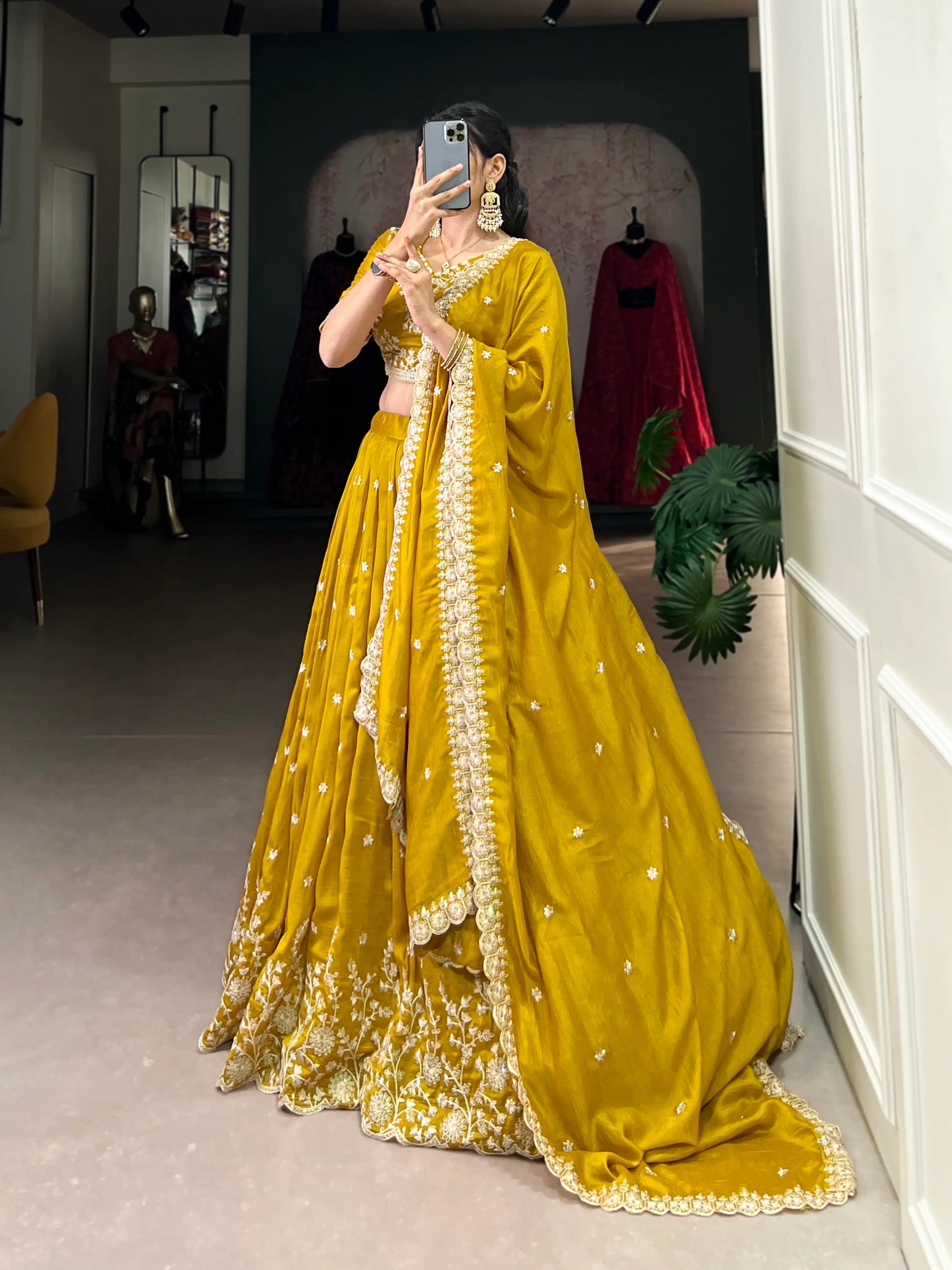 Yellow Vichitra Silk Lehenga Choli With Sequins & Thread Embroidery Work