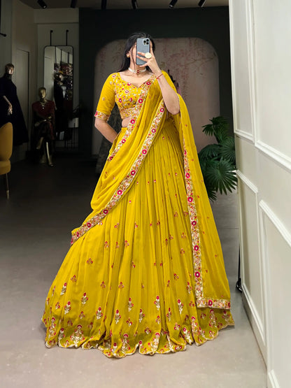 Mustard Georgette Sequence Embroidery Lehenga Choli