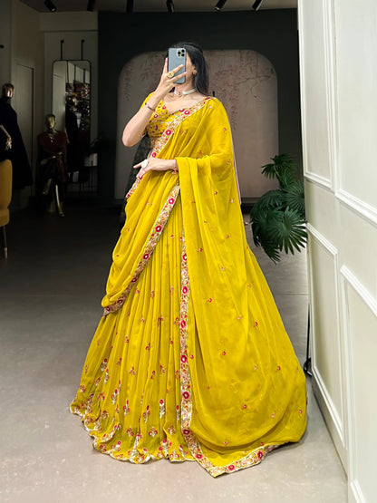 Mustard Georgette Sequence Embroidery Lehenga Choli