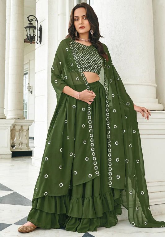Olive Green Georgette Thread & Sequence Embroidery Work Indo Western Lehenga Choli