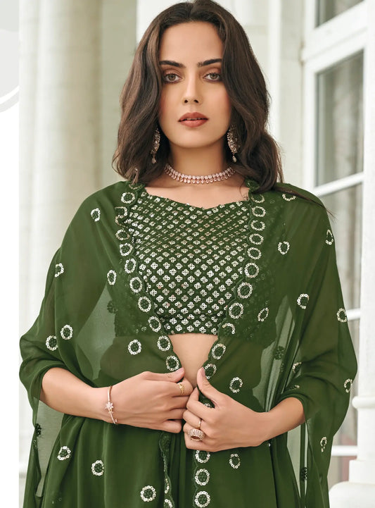Olive Green Georgette Thread & Sequence Embroidery Work Indo Western Lehenga Choli