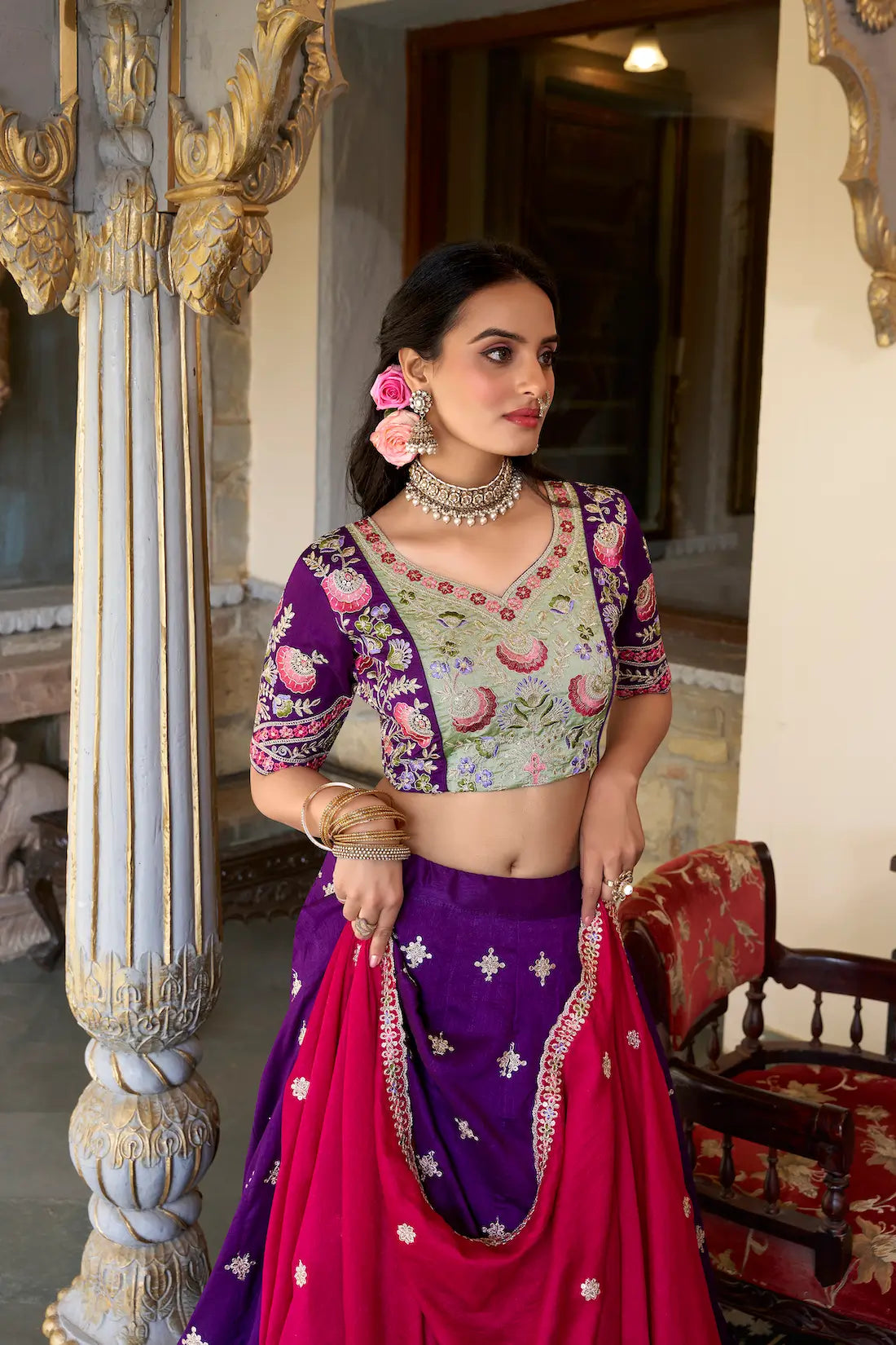 Purple Vichitra Silk Lehenga Choli With Sequins and Thread Embroidery