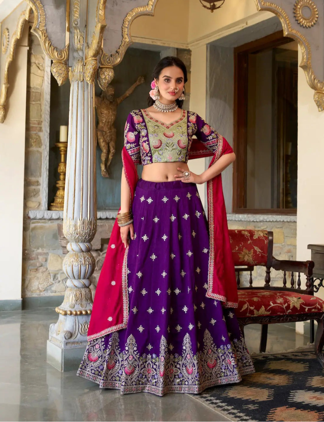 Purple Vichitra Silk Lehenga Choli With Sequins and Thread Embroidery