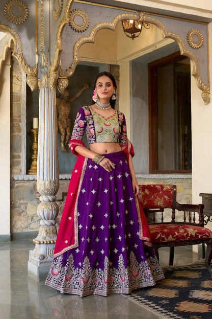 Purple Vichitra Silk Lehenga Choli With Sequins and Thread Embroidery