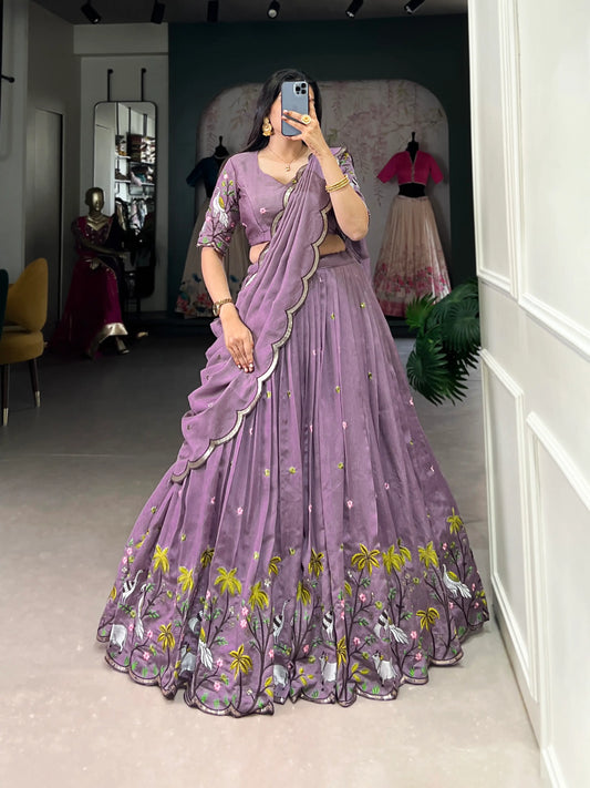 Lavender Shimmer Silk Sequins and Thread Embroidery Work Lehenga Choli