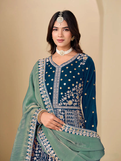 Teal Blue Velvet Heavy Embroidered Gown