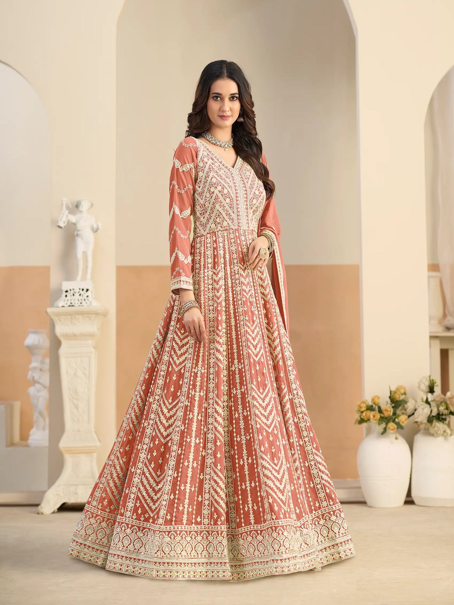 Peachy Orange Georgette Embroidery Gown