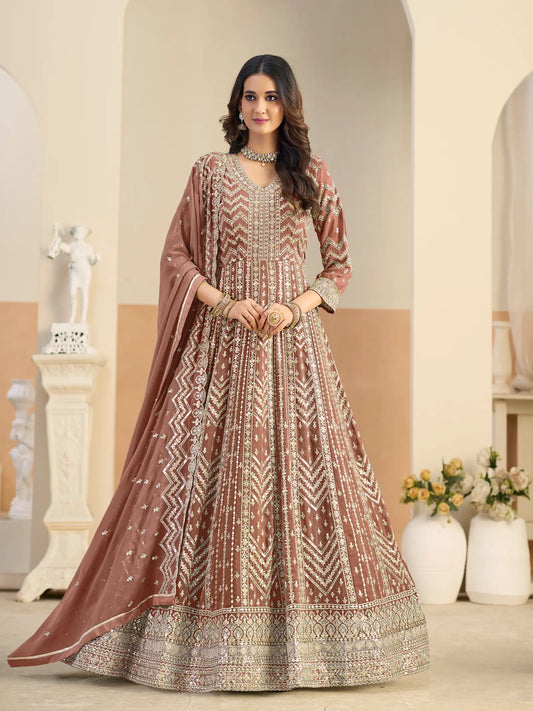 Rust Brown Georgette Embroidery Gown