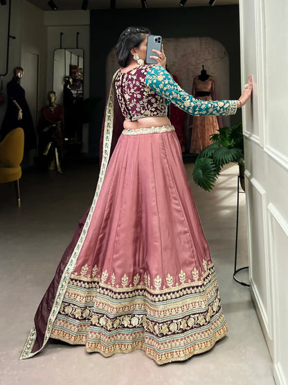 Dusty Peach Moonga Silk Lehenga Choli With Sequins and Thread Embroidery