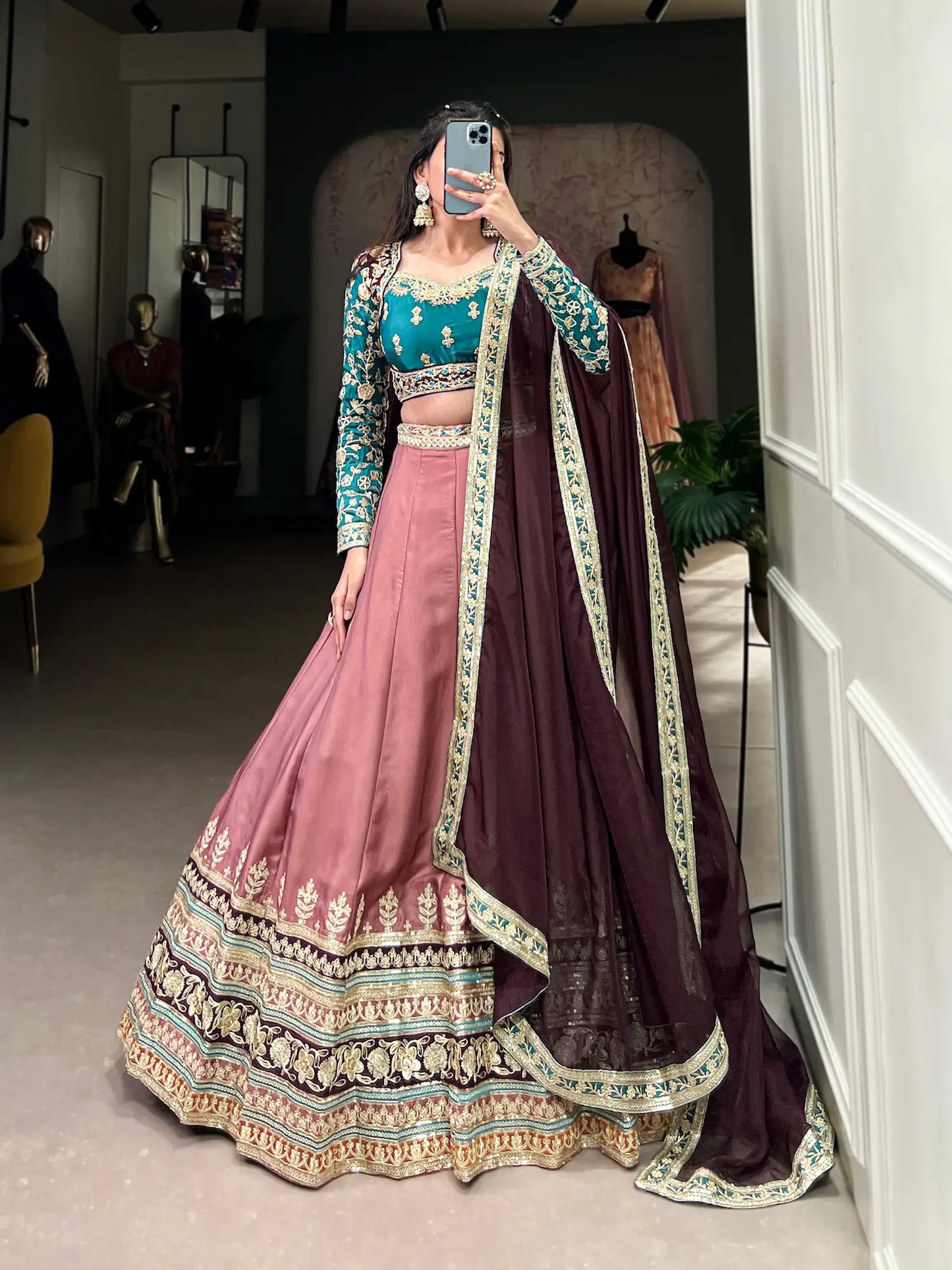 Dusty Peach Moonga Silk Lehenga Choli With Sequins and Thread Embroidery