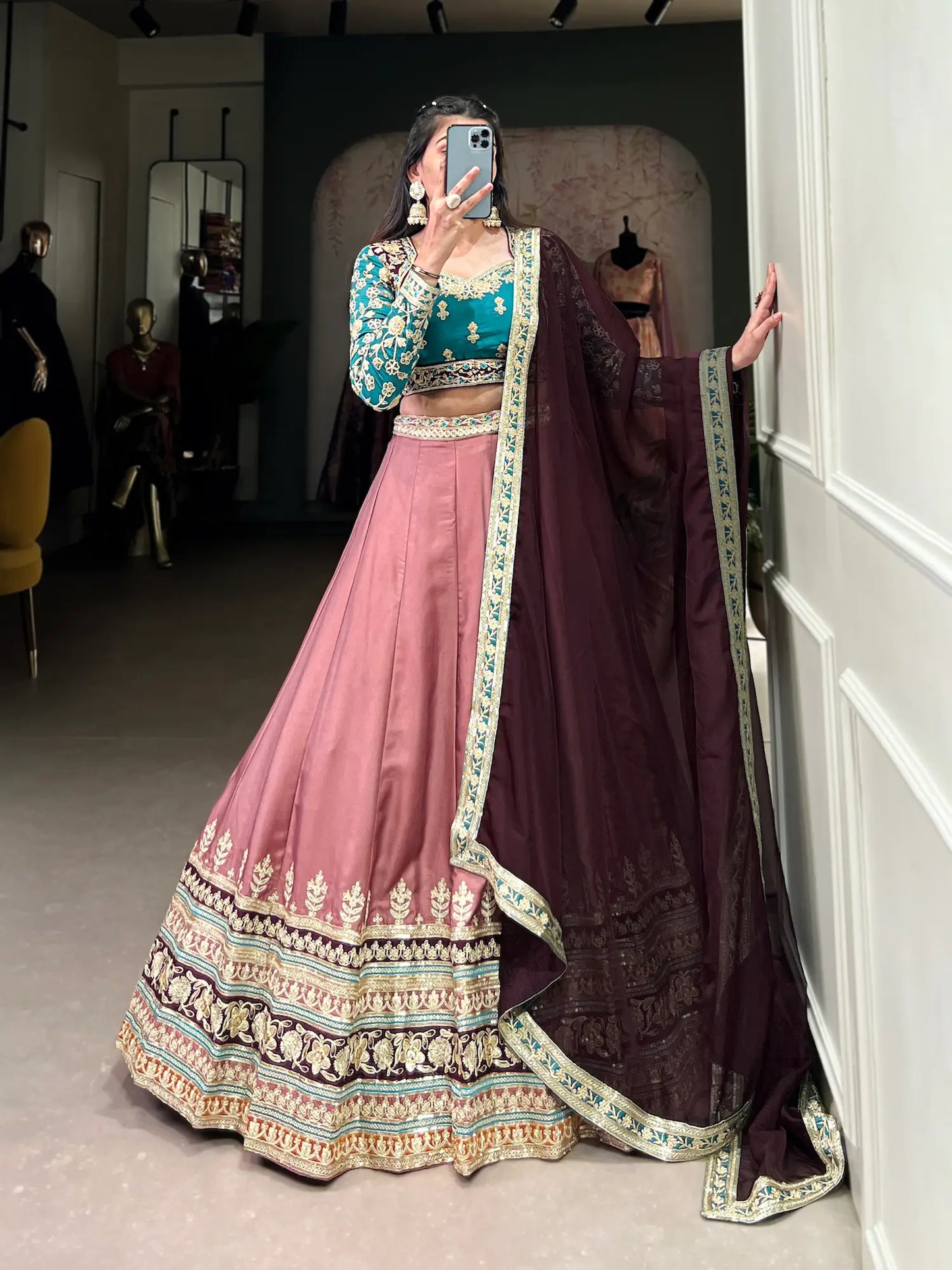 Dusty Peach Moonga Silk Lehenga Choli With Sequins and Thread Embroidery