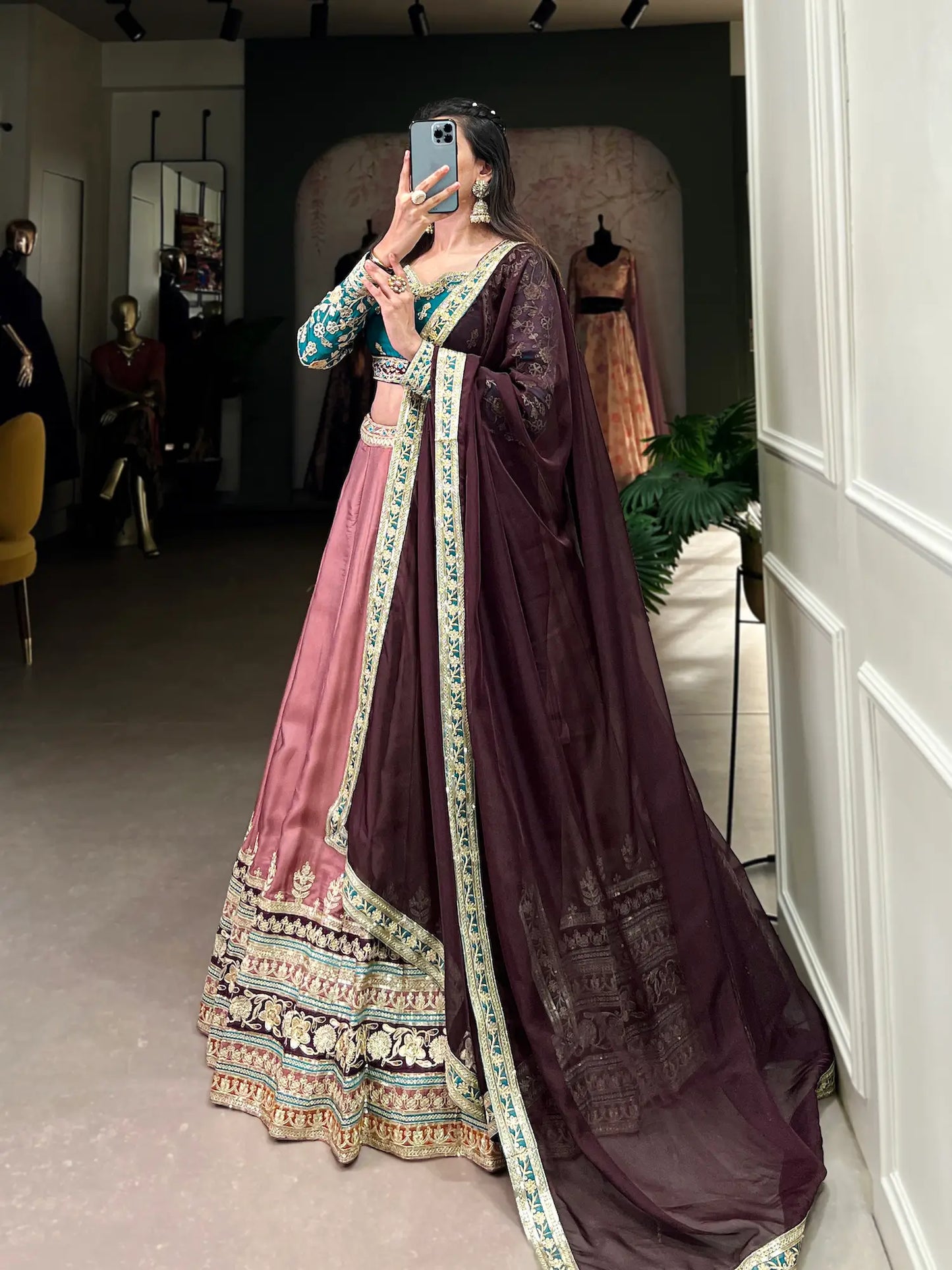 Dusty Peach Moonga Silk Lehenga Choli With Sequins and Thread Embroidery